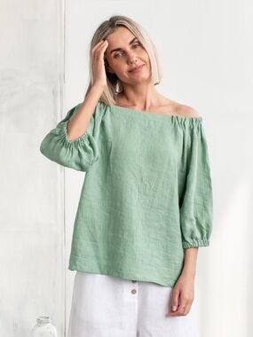 Magic Linen Matcha Green Off The Shoulder Top
